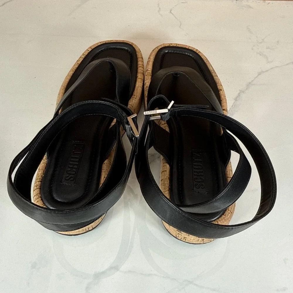 Schutz Tessie Black Leather Cork Platform Thong Sandals Womens 7B Ankle Strap